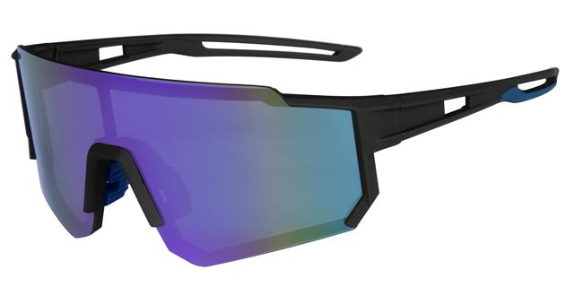 Sportsbrille gummi sort stel. Decentreret sølv spejl glas